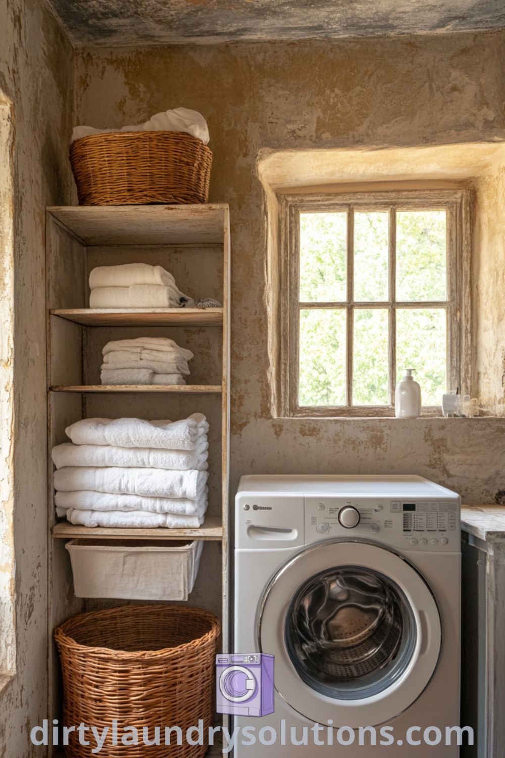 Cozy laundry space featuring washer and dryer next to utility shelving, adorned with neatly stacked baskets and linens, illuminated by soft morning light. Discover more inspiring ideas for small spaces at dirtylaundrysolutions.com.