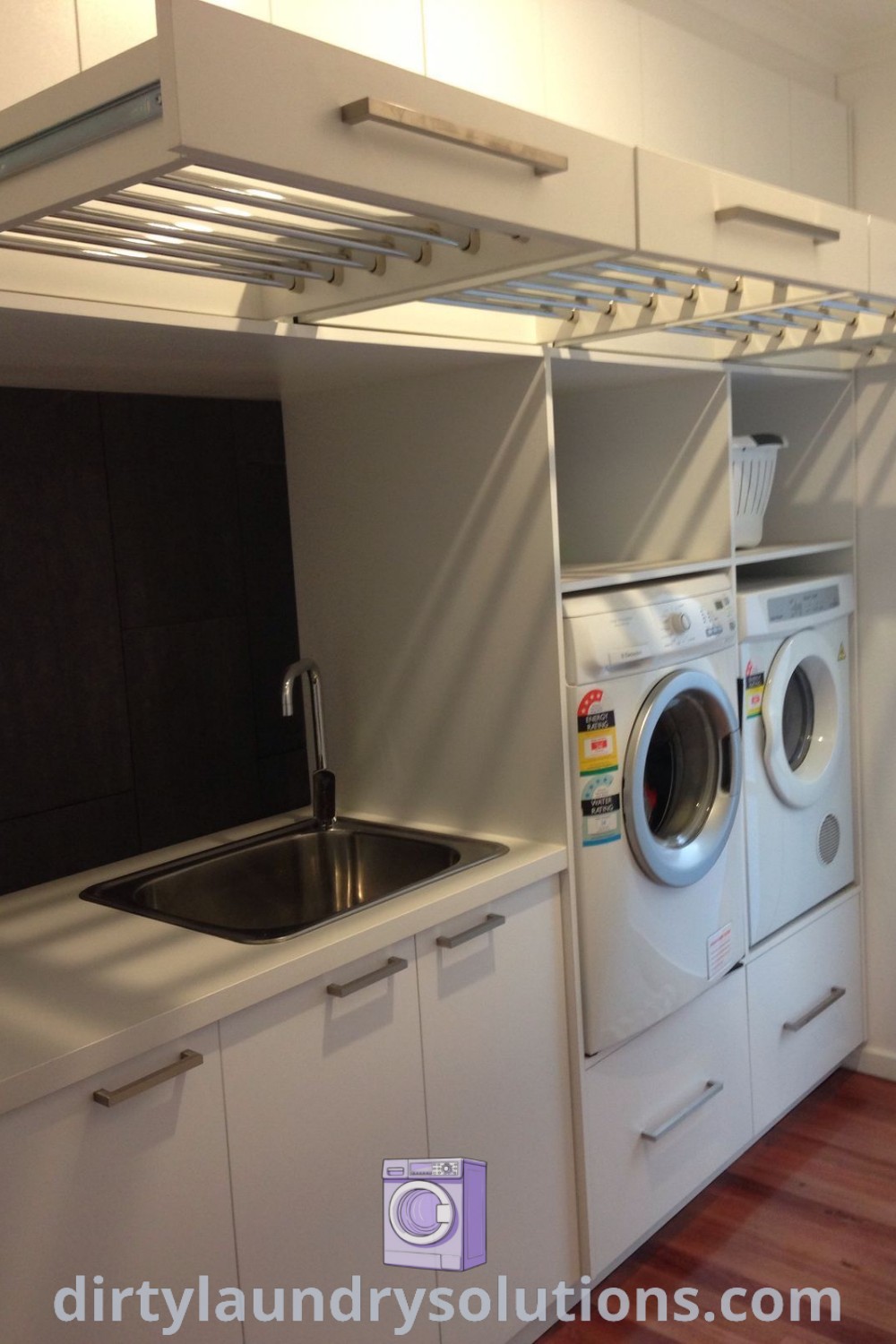 A cozy modern laundry room featuring a washer and dryer in a small space, highlighting effective organization ideas and stylish decor. Explore inspiring laundry room concepts and solutions at dirtylaundrysolutions.com.