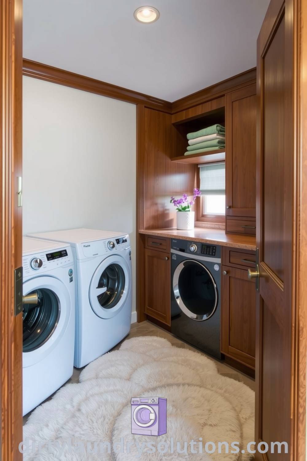 Elegant hidden laundry area featuring rich wooden cabinetry, polished stone countertops, soft muted colors, and a plush rug, providing a serene and organized space for chores. Discover unique ideas for your home at dirtylaundrysolutions.com.