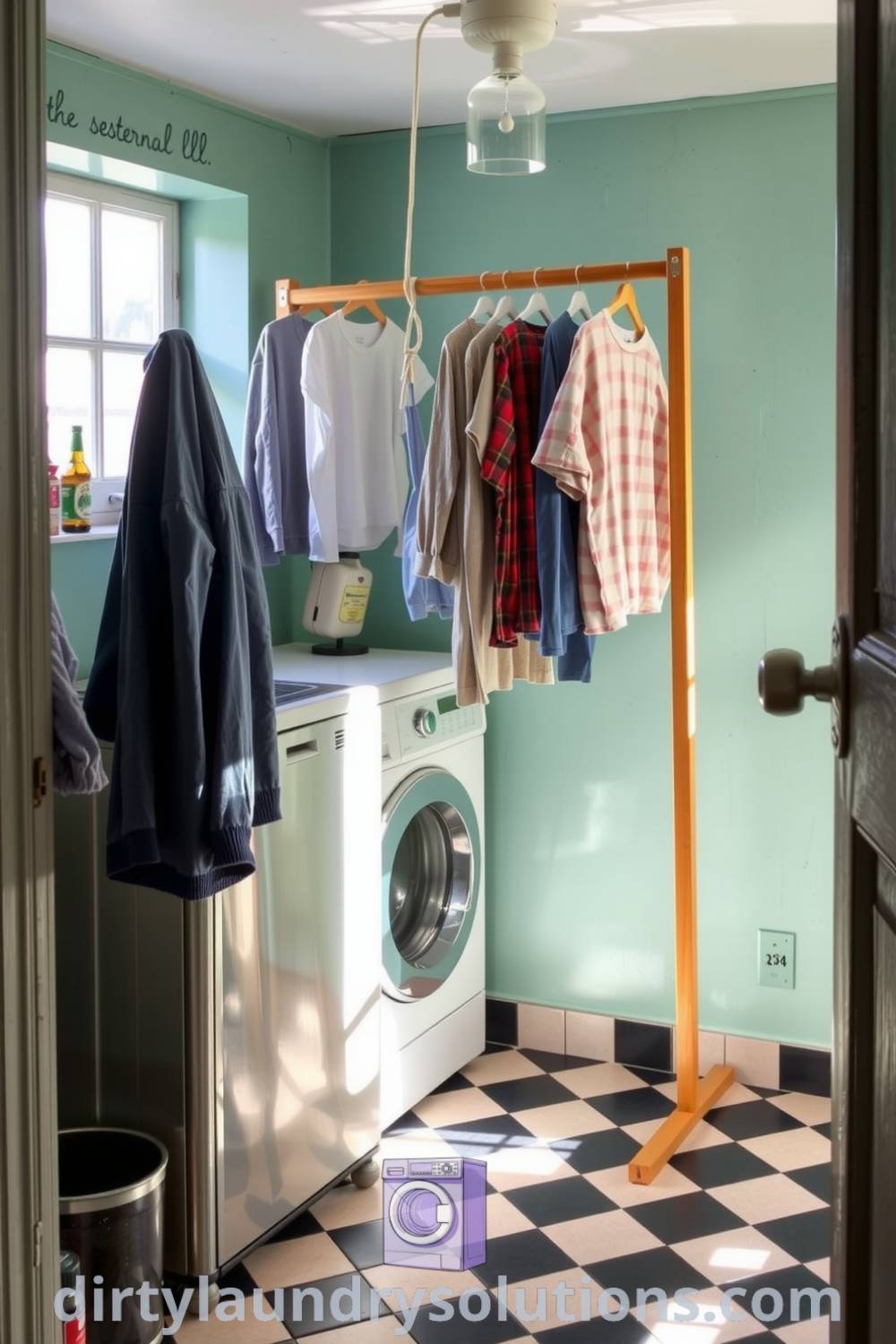 Cozy retro basement laundry with mint-green walls, vintage checkerboard tiles, sturdy washing machine, and wooden drying rack. An inspiring space that balances functionality and charm, perfect for ideas that you must try for your home at dirtylaundrysolutions.com.