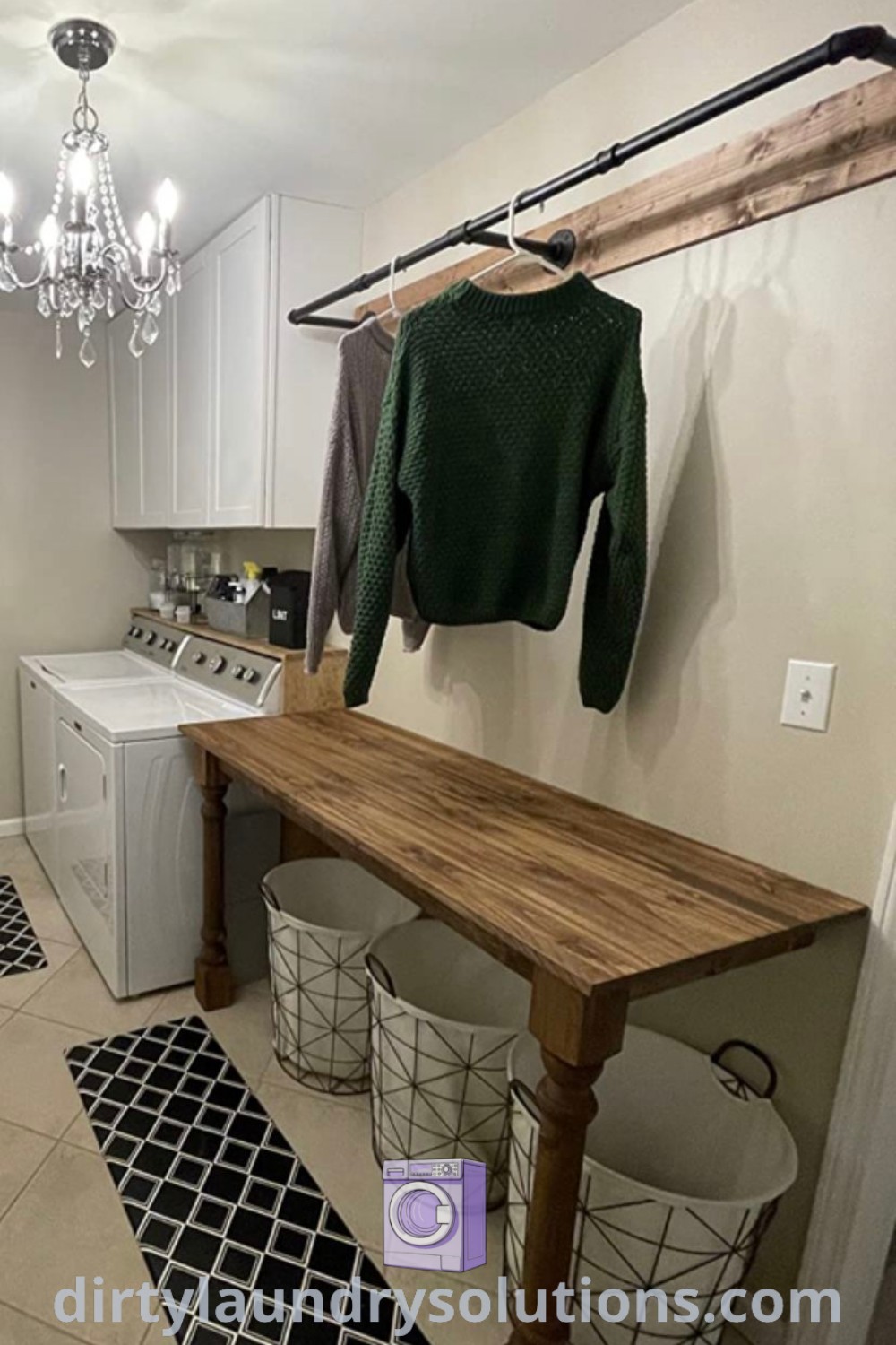 A cozy laundry room featuring a drying rack with clothes hanging and baskets underneath for organization. Discover functional home design ideas and solutions at dirtylaundrysolutions.com.