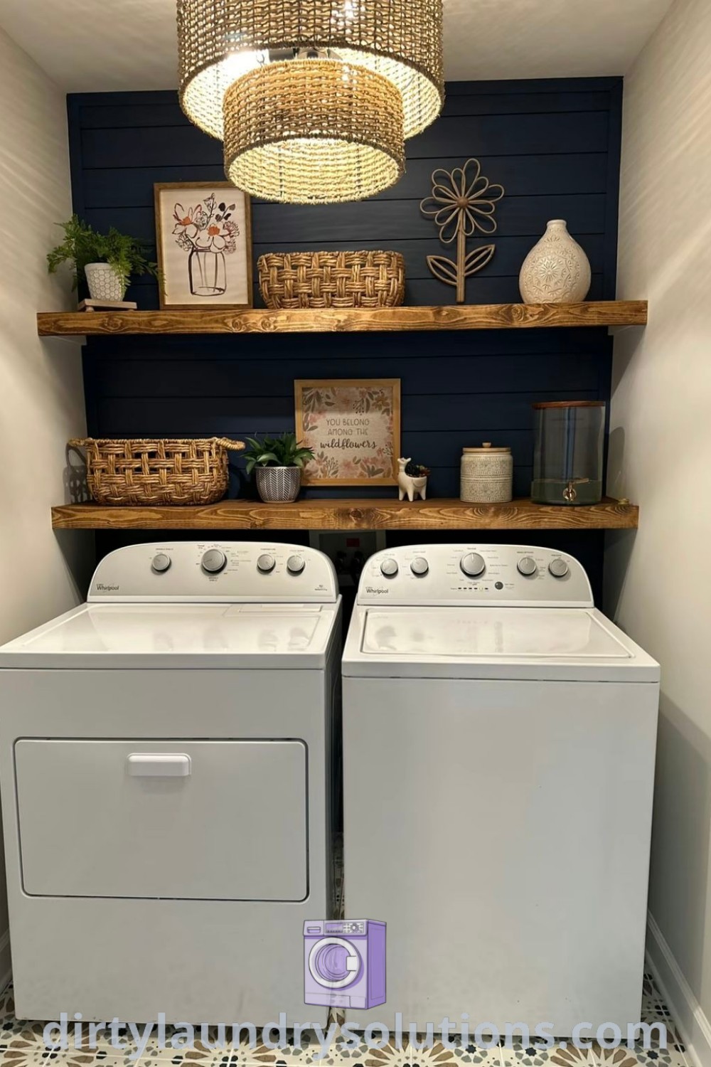 A small laundry room showcasing a washer and dryer with shelves on the wall, emphasizing cozy decor and organized design ideas for small spaces. Explore laundry room makeover and organization ideas at dirtylaundrysolutions.com.