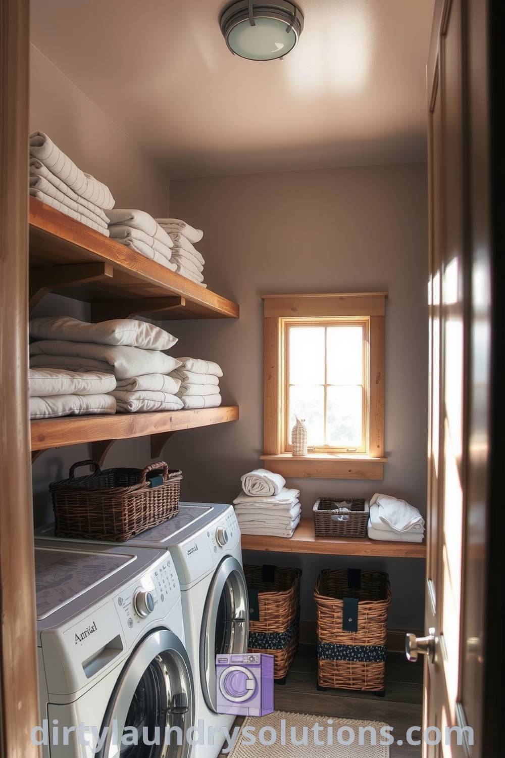 Cozy farmhouse laundry room featuring rustic wooden shelves, neatly folded linens, and storage baskets illuminated by natural light. Explore inspiring ideas for small spaces at dirtylaundrysolutions.com.