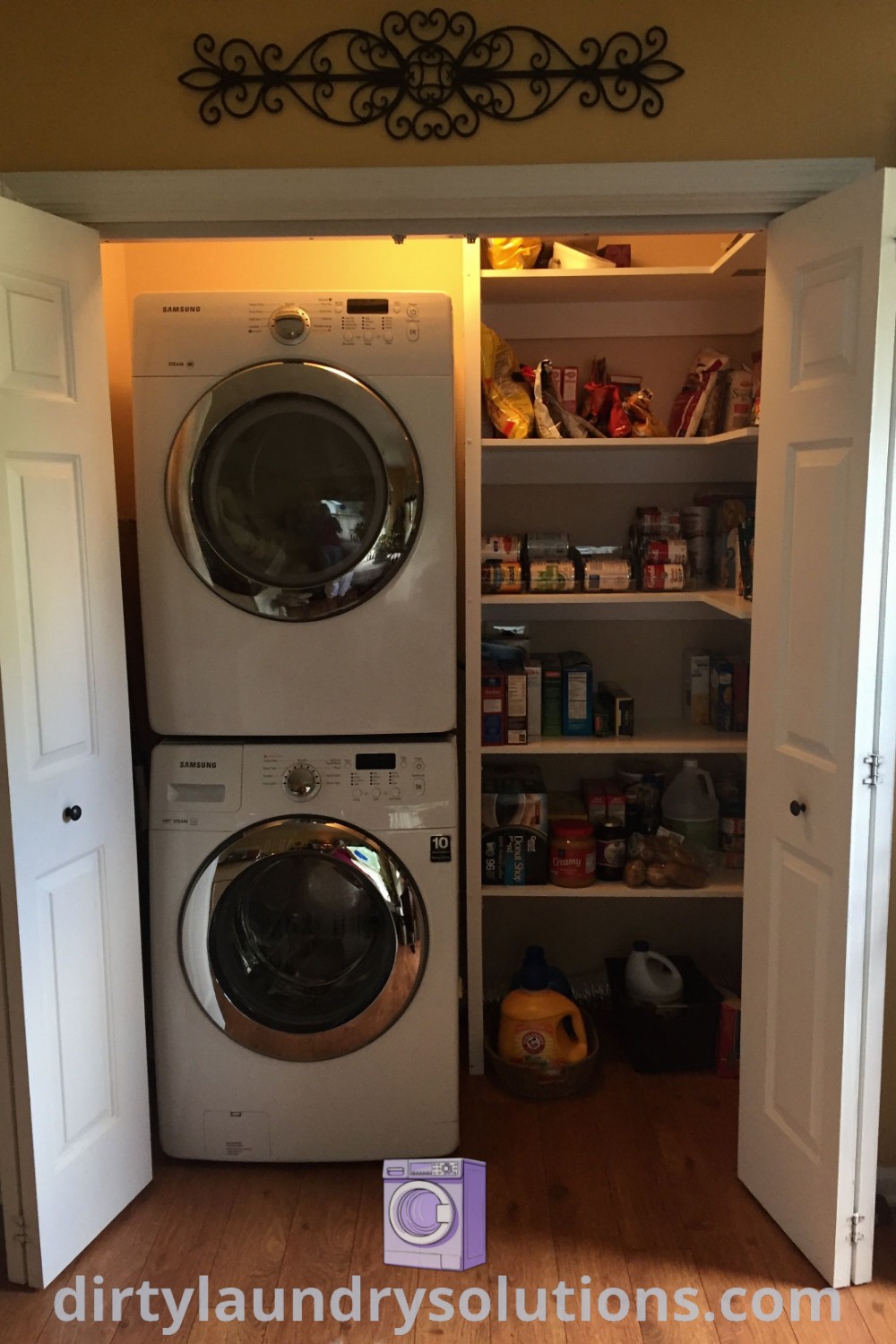 A small room featuring a washer and dryer with open doors revealing an organized pantry, showcasing laundry pantry closet solutions and clever storage ideas. Explore cozy decor tips and functional inspirations at dirtylaundrysolutions.com.