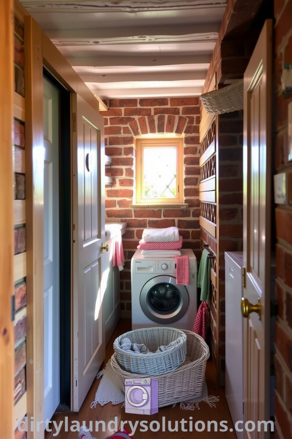 Cozy laundry nook featuring weathered wood cabinetry, exposed brick walls, and sunlight streaming through a window, creating an inviting space filled with neatly stacked towels and laundry baskets. Get inspired with these unique ideas for your home at dirtylaundrysolutions.com.