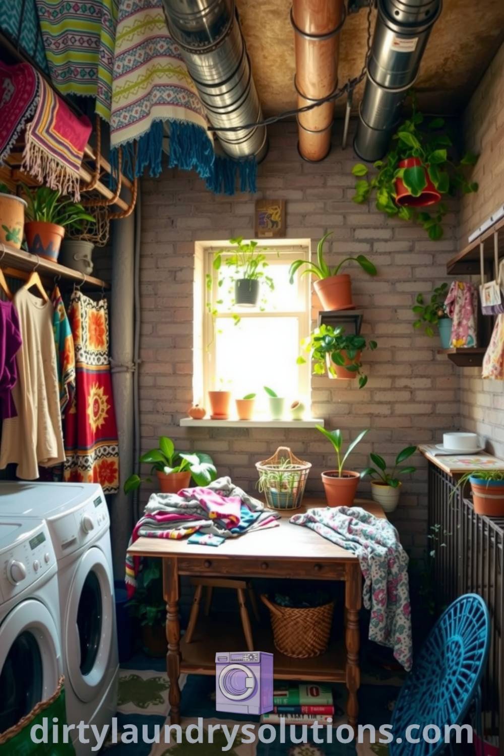 Cozy bohemian laundry room featuring exposed brick walls, a vintage wooden folding table, vibrant textiles, and thriving potted plants, creating a welcoming sanctuary for chores. Discover inspiring ideas for your home at dirtylaundrysolutions.com.