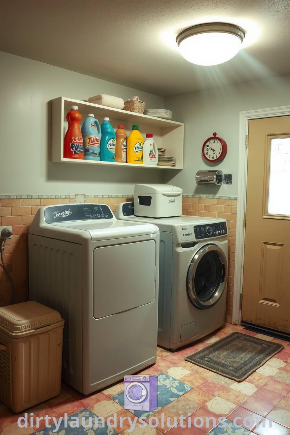 Cozy retro basement laundry with mismatched tiles, vintage appliances, and built-in shelves filled with colorful detergents. The soft, diffused light creates a charming atmosphere perfect for any home. Discover unique ideas and inspirations for your home at dirtylaundrysolutions.com.