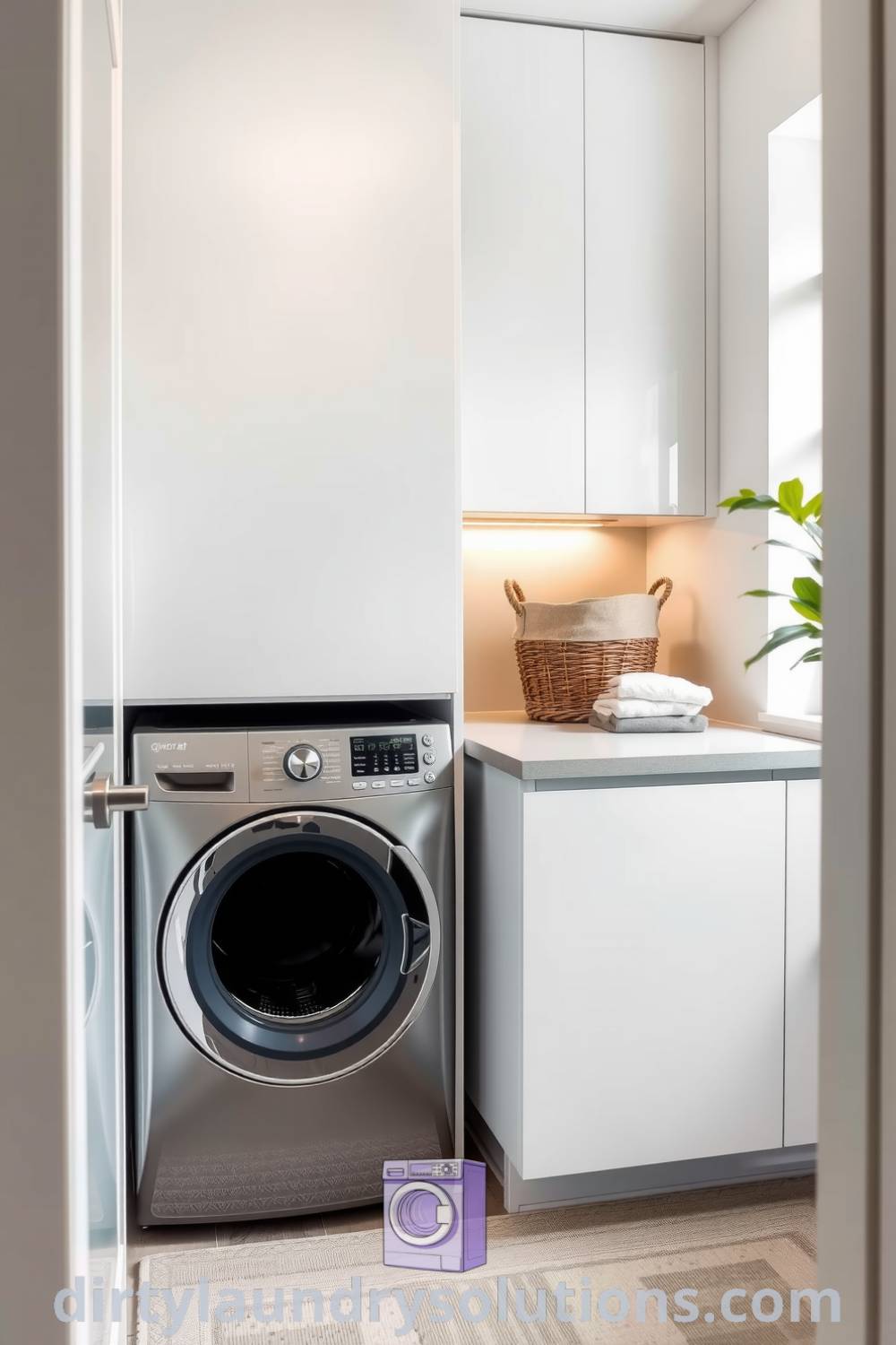 Modern laundry nook featuring sleek cabinetry, woven basket, and greenery for a cozy aesthetic, providing unique ideas for small spaces and organization. Get inspiring ideas for your home at dirtylaundrysolutions.com.