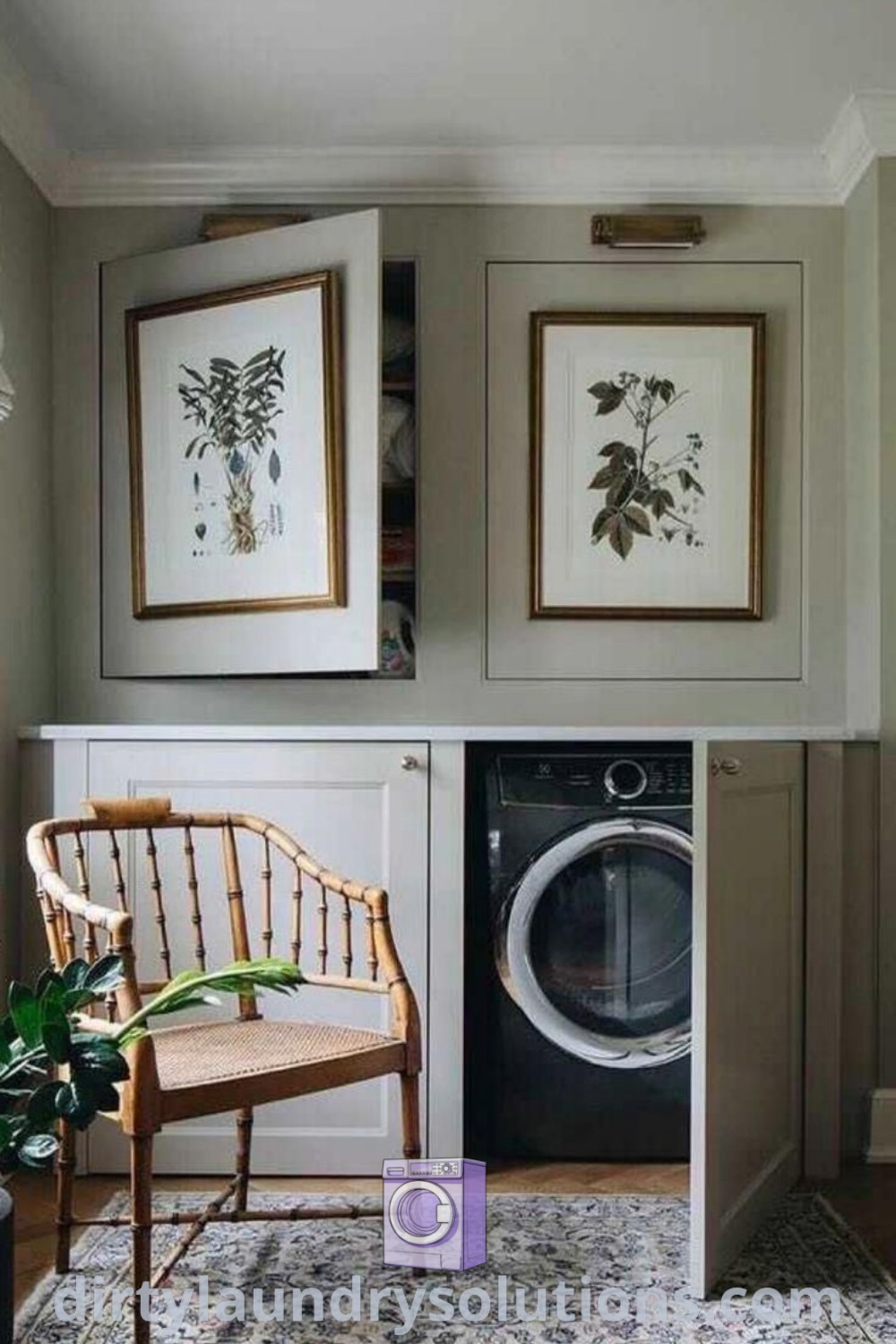 A clean and organized small farmhouse laundry room with storage cabinets and efficient layout, showcasing cozy ideas and unique inspirations for maximizing small spaces. Discover more on dirtylaundrysolutions.com.