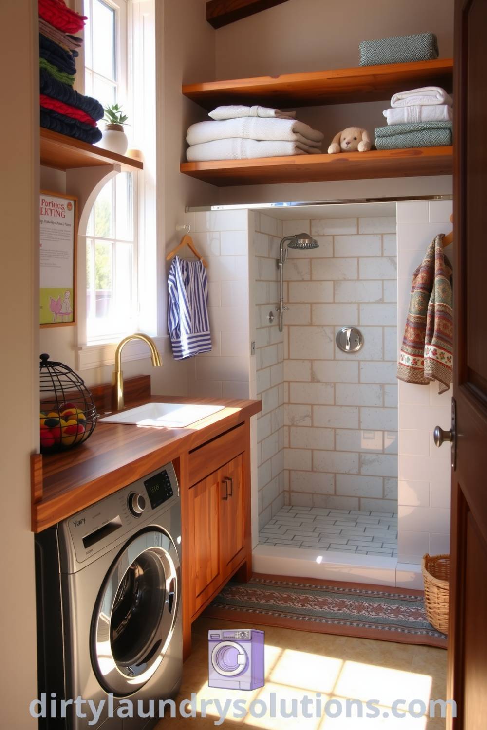 Cozy laundry nook featuring a reclaimed wood counter, pet wash shower, bright towels, and organization ideas, creating a warm retreat for laundry and pet care. Discover more inspiring ideas for your home at dirtylaundrysolutions.com.