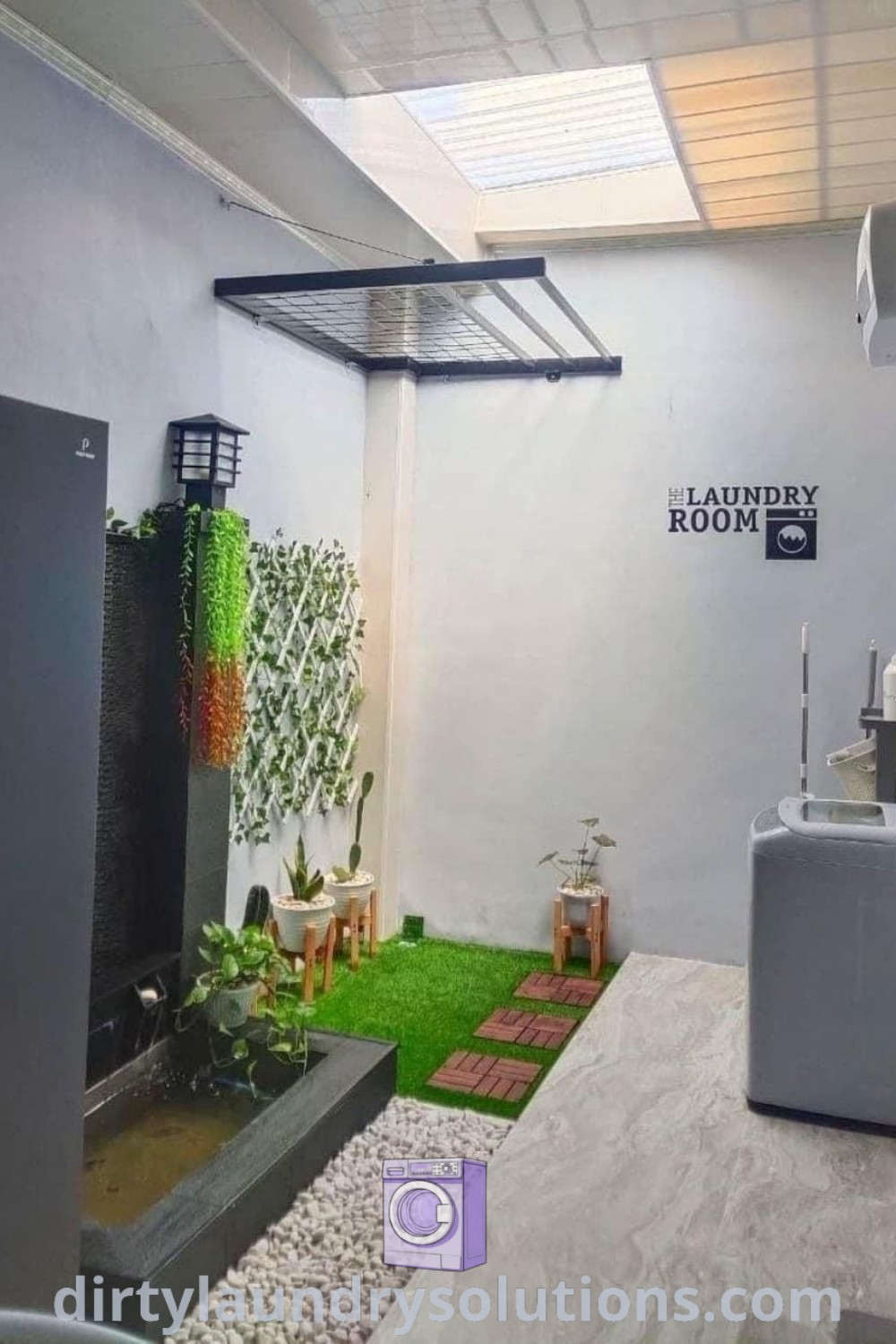 An outdoor laundry room filled with plants, a refrigerator, and organization solutions, demonstrating perfect ideas for small spaces. Discover more about outdoor laundry room design ideas at dirtylaundrysolutions.com.