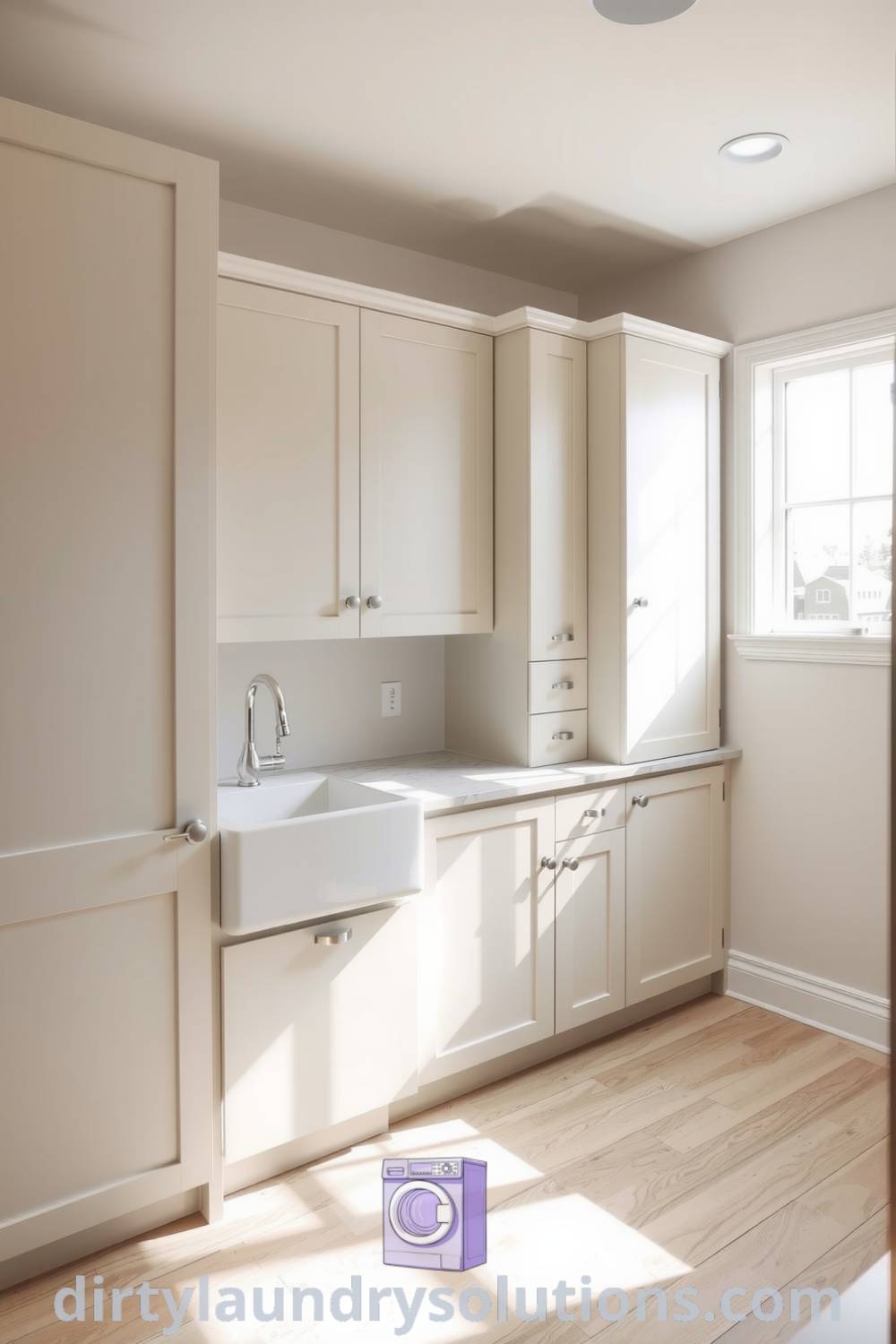 Minimalist mudroom laundry featuring sleek soft-hued cabinets, light wood flooring, and an unadorned sink, creating a functional yet serene space. Explore unique ideas and inspiring designs for your home at dirtylaundrysolutions.com.