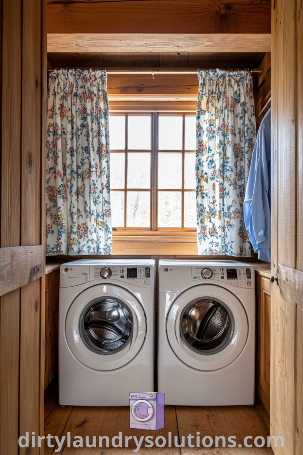 Warm farmhouse laundry room featuring rustic wood cabinetry, patterned curtains, and a wooden rack with clothes swaying gently, illuminated by soft morning light. Discover more inspiring ideas for your home at dirtylaundrysolutions.com.