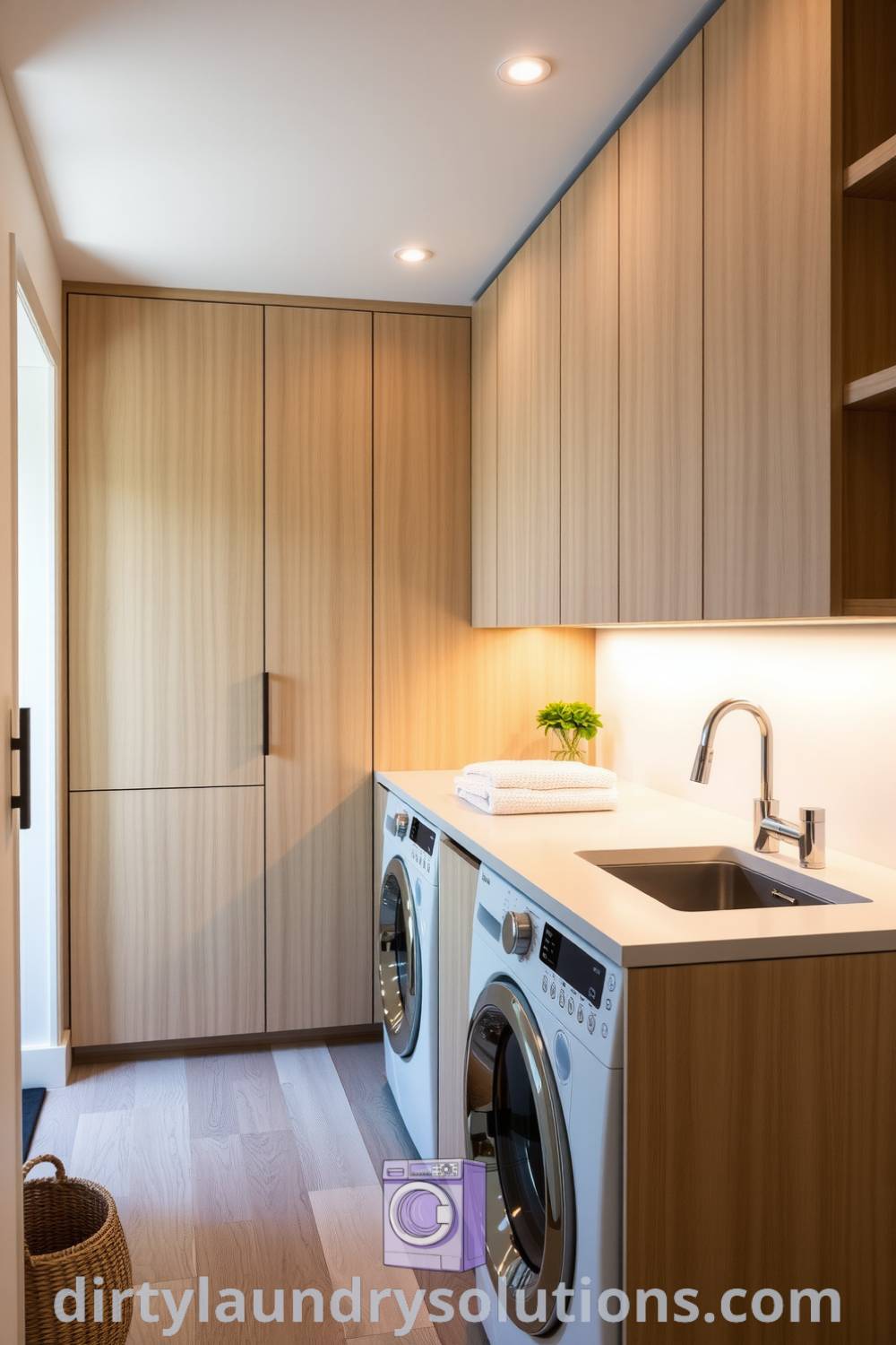 Modern hallway laundry with light-toned wood cabinetry, practical countertop for folding, and ambient lighting, offering a cozy aesthetic that transforms chores into a pleasant experience. Explore more inspiring ideas for your home at dirtylaundrysolutions.com.