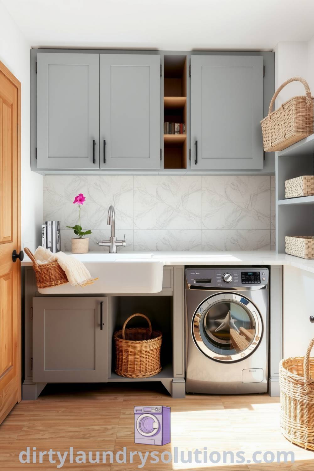 Minimalist mudroom laundry with light gray cabinetry, natural wooden accents, spacious sink, and woven baskets for organization, creating a serene and functional space. Explore more cozy design ideas at dirtylaundrysolutions.com.