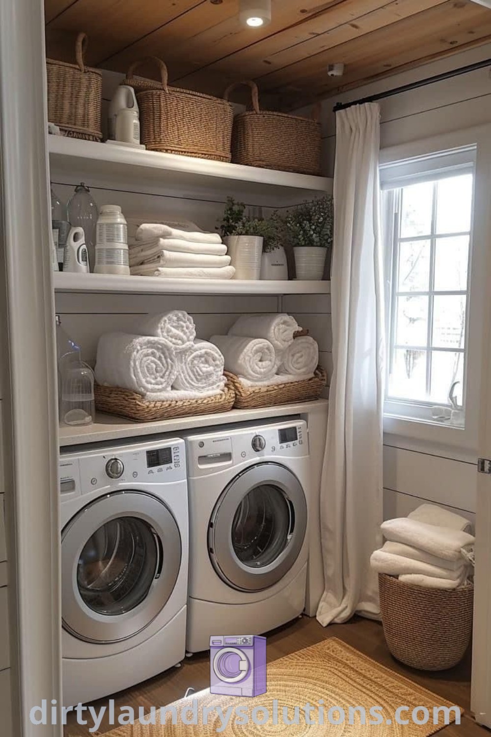 A cozy laundry room showcasing a washer and dryer with open shelving, designed for small spaces and efficient organization. Explore unique ideas and solutions for your home at dirtylaundrysolutions.com.