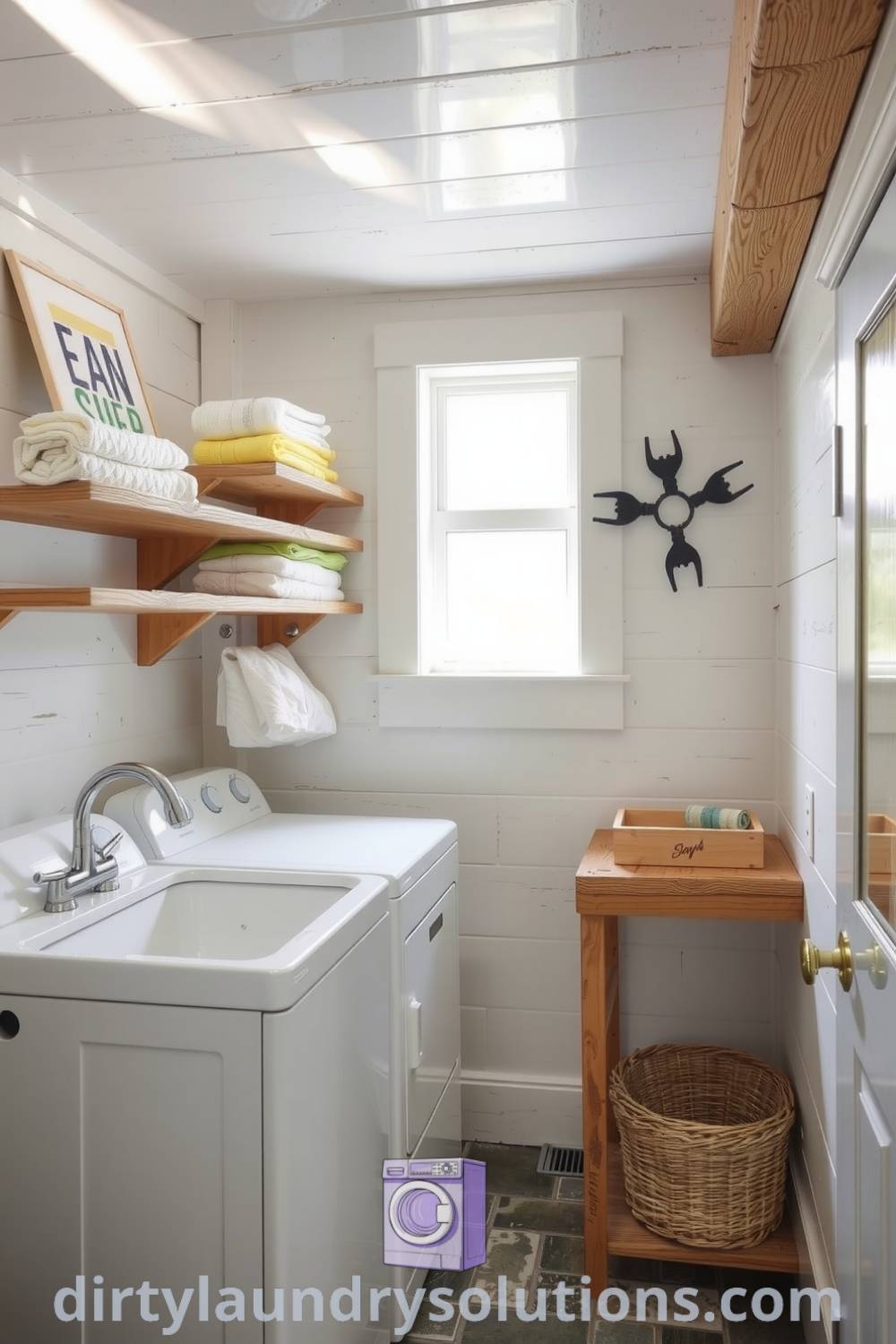 Cozy coastal laundry featuring sunlight, weathered shelves with vibrant towels, a ceramic sink, and rustic driftwood, creating an inviting atmosphere. Explore inspiring ideas for your home at dirtylaundrysolutions.com.