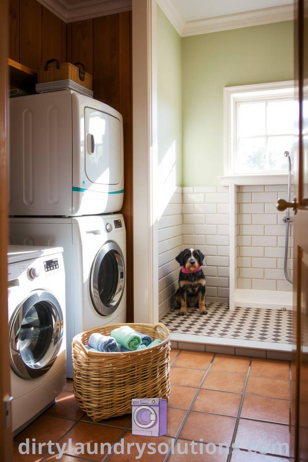 Laundry room with warm wood paneling, pet wash shower, vibrant tiled floor, and a woven basket of towels, combining functionality and comfort in a cozy aesthetic. Explore inspiring ideas for your home at dirtylaundrysolutions.com.