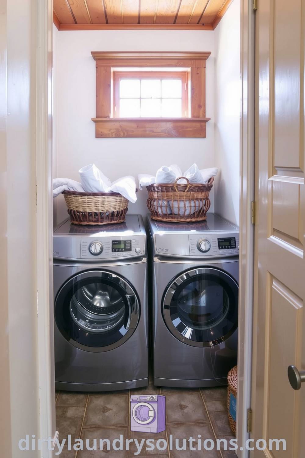 Cozy hidden laundry nook with soft-hued walls, silver washer and dryer, vintage baskets, and cool floor tiles, creating an inviting and charming space. Find inspiring ideas for your home at dirtylaundrysolutions.com.