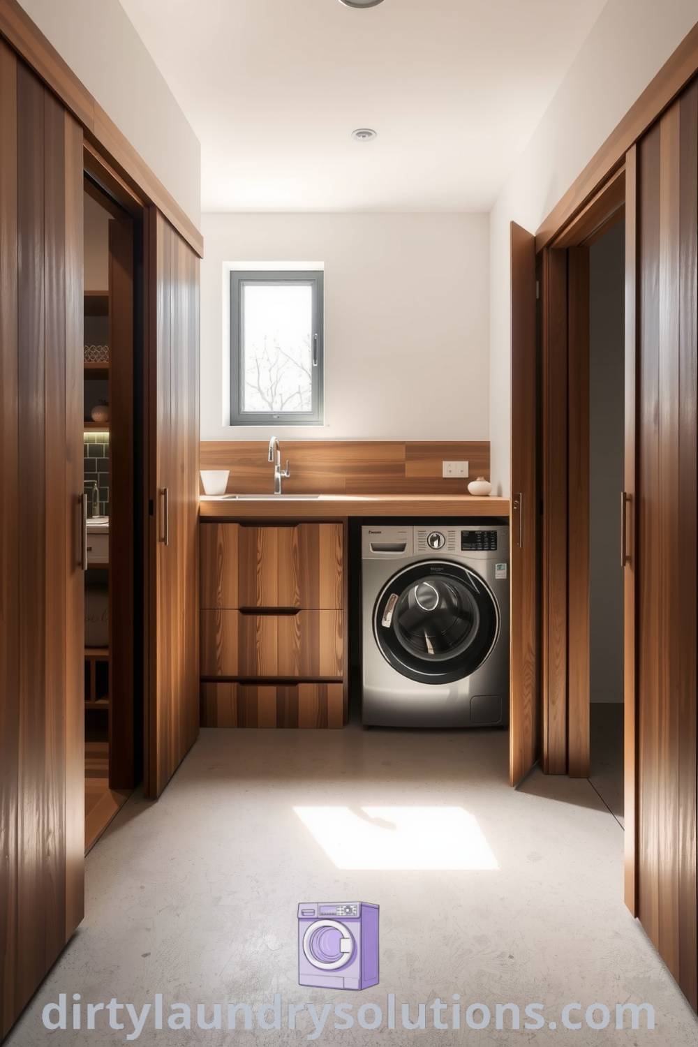Cozy laundry room featuring a Japandi aesthetic with wooden accents, sleek washer and dryer beneath an oak countertop, and a frosted window for natural light. Discover unique ideas for your home at dirtylaundrysolutions.com.