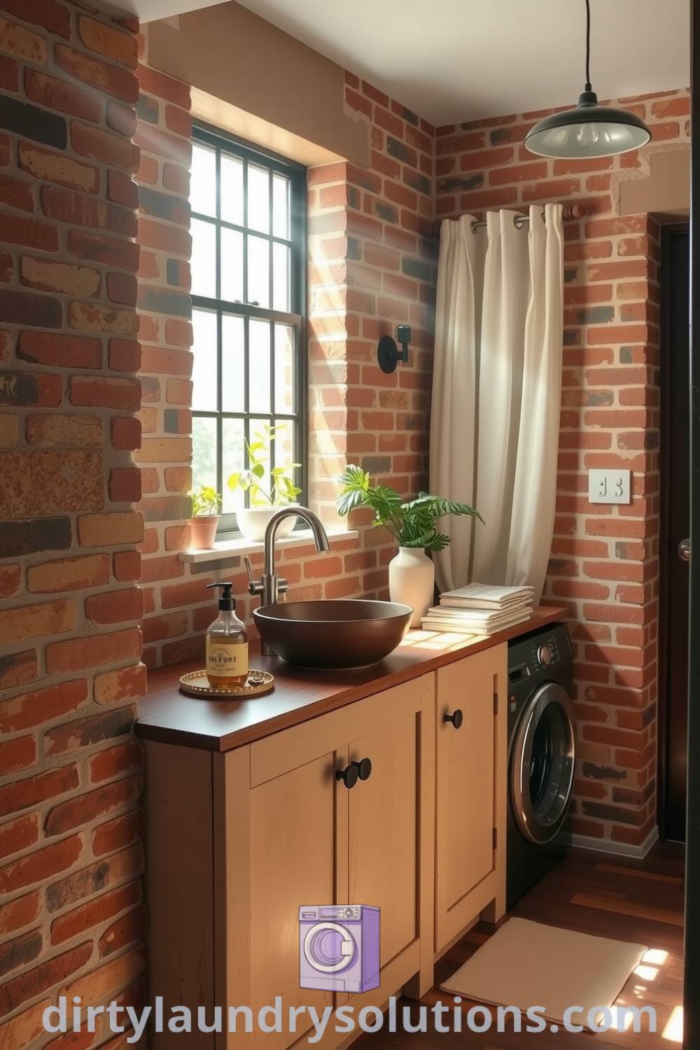 Cozy hidden laundry area with exposed brick walls, weathered wood cabinets, a vintage sink, and greenery, showcasing practical design ideas for small spaces. Explore more inspiring ideas for your home at dirtylaundrysolutions.com.