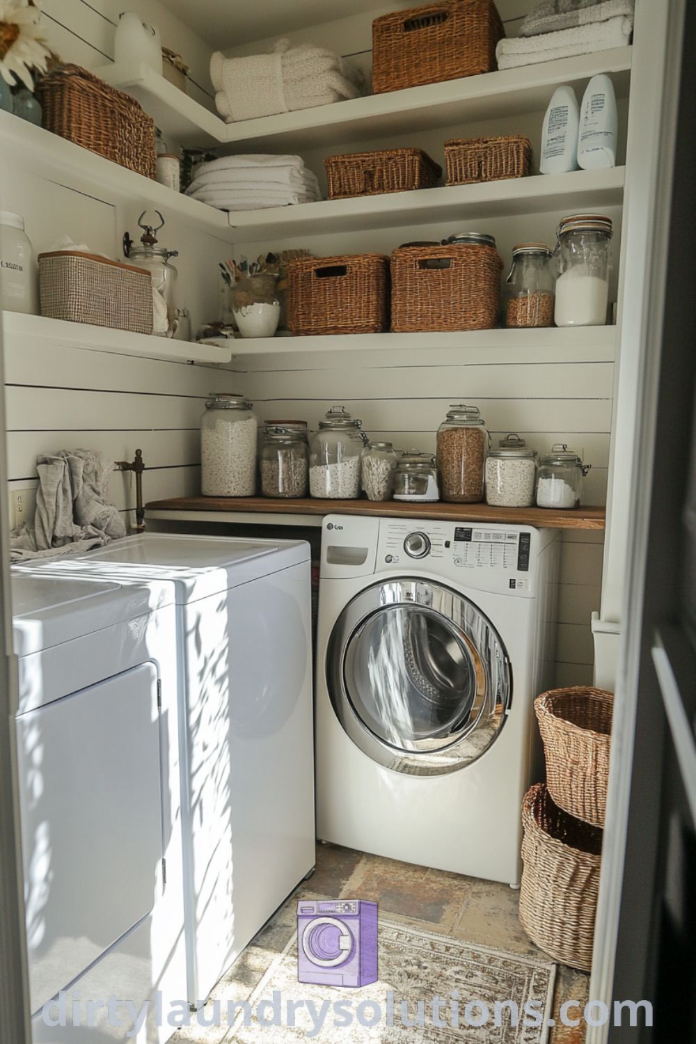 Cozy laundry room with a washer and dryer between shelves filled with baskets and jars, illuminated by gentle natural light, showcasing a warm and inviting atmosphere. Explore more inspiring ideas for your home at dirtylaundrysolutions.com.