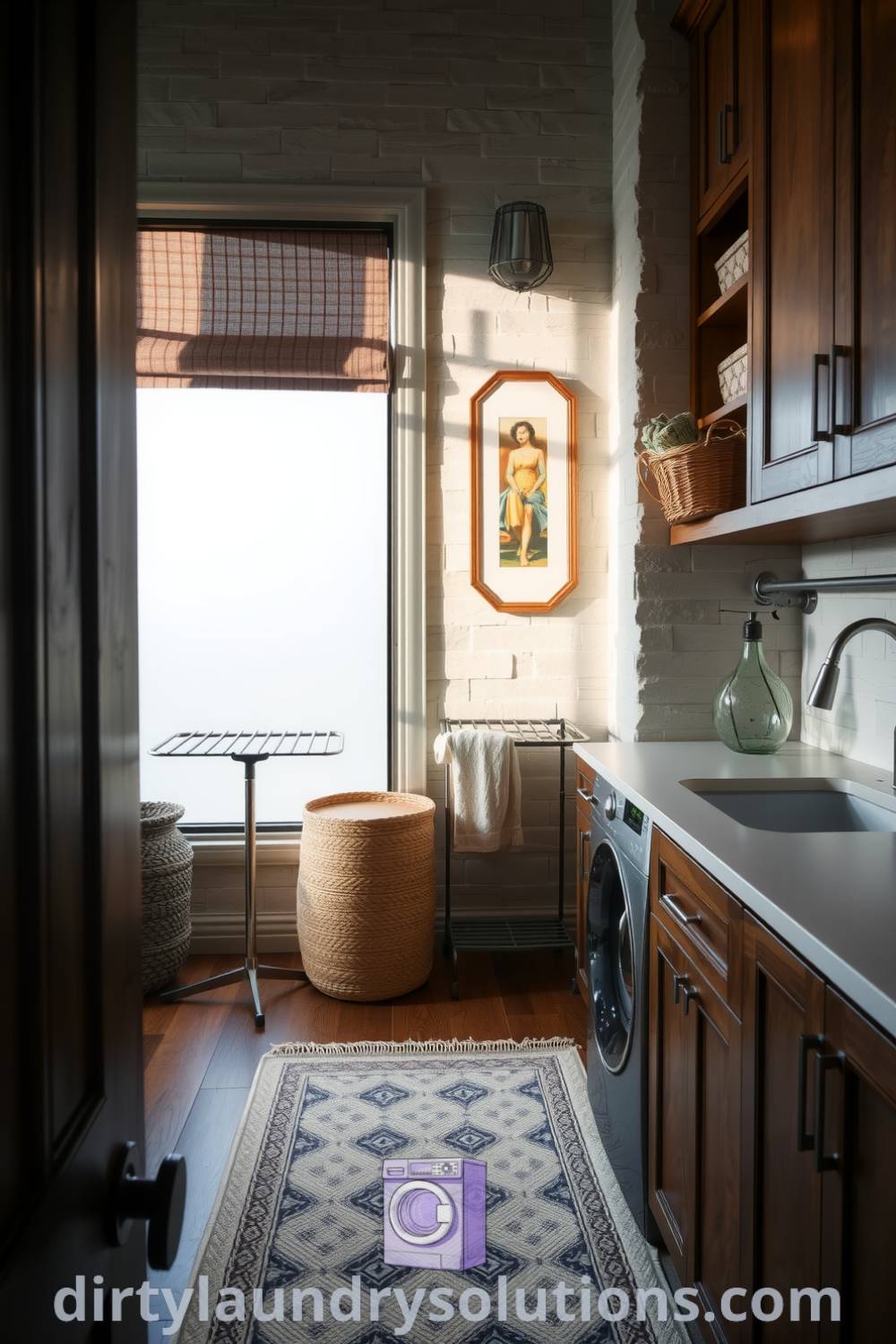 Luxury laundry room featuring soft diffused light, textured stone walls, elegant cabinetry, woven baskets, and vintage metal accents, creating a serene and inviting atmosphere. Explore unique ideas for your home at dirtylaundrysolutions.com.