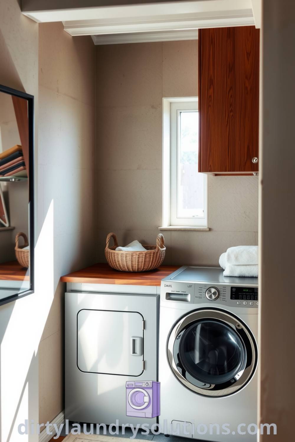 Cozy hidden laundry with metal washer and dryer, warm wood cabinetry, soft natural light, textured walls, and decorative baskets, creating a serene and practical space. Discover more unique ideas for your home at dirtylaundrysolutions.com.