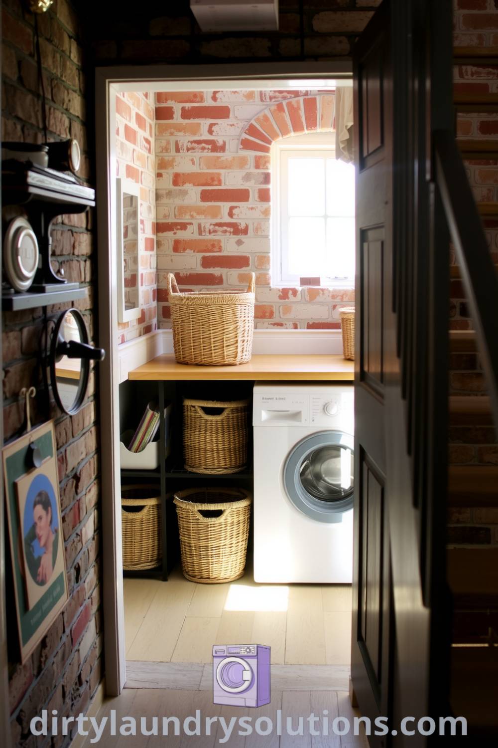 Cozy under-stair laundry nook with exposed brick walls, organized baskets, and warm lighting, creating an inviting atmosphere for efficient laundry days. Discover unique ideas for small spaces at dirtylaundrysolutions.com.